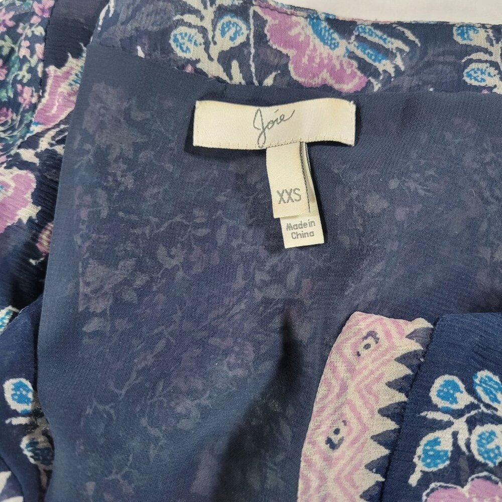Joie Floral Boho Blouse Navy Blue Pink Long Sleeve V-Neck Top Size XXS - Picture 2 of 6